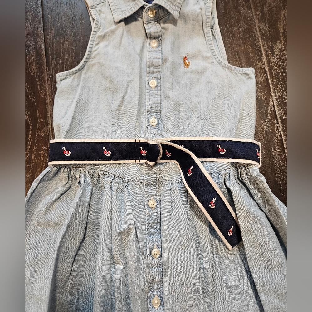 POLO Ralph Lauren Belted Sleeveless Chambray Shirt Dress, Girls Size 7 - Picture 4 of 5